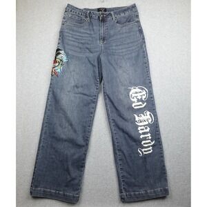 Y2K Ed Hardy Jeans Mens 32 Wide Leg Embroidered Eagle Heart Skate Baggy Grunge